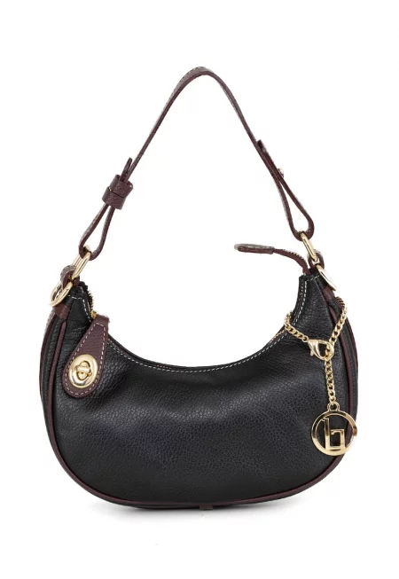 Кожена чанта за рамо с регулираща се презрамка - Бордо/Черен