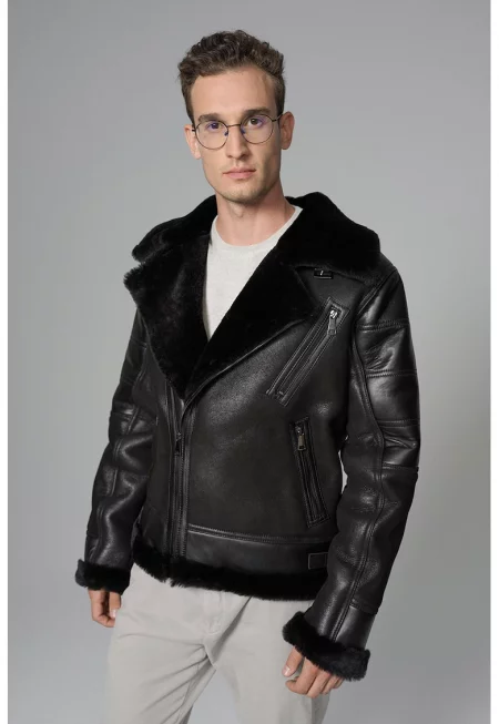 Кожено яке с джобове с цип - Черен