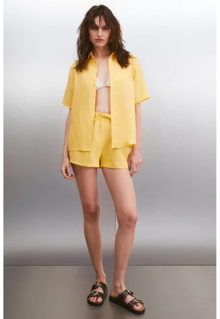 Ленен къс панталон с връзка - Шафраново жълто