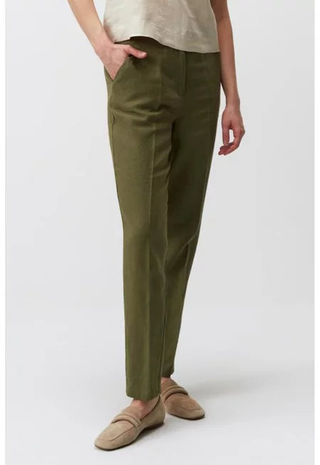 Ленен панталон с регулируема талия - Каки