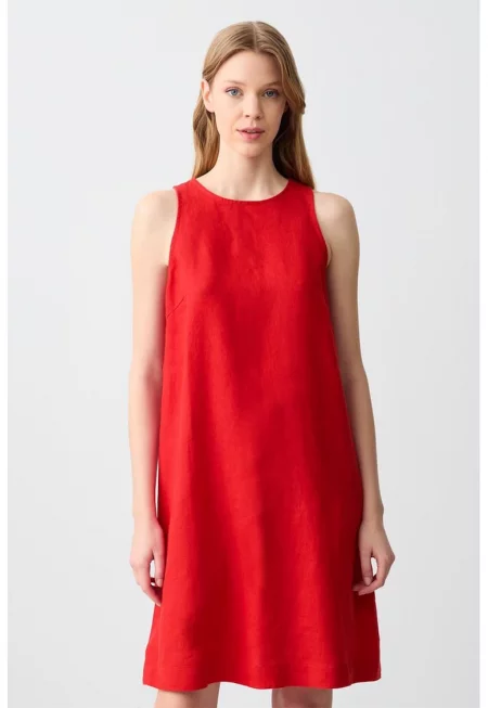 Ленена разкроена рокля - Аленочервен