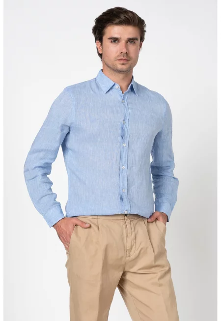 Ленена риза с дълги ръкави - Светлосин