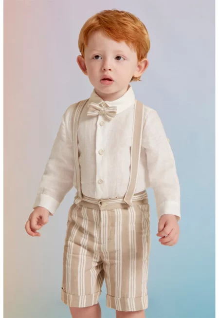 Ленени риза и шорти с тиранти - Бял/Бежов