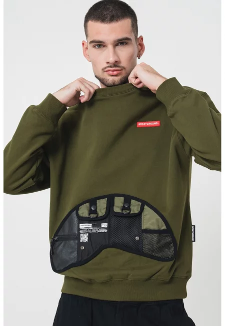 Памучен суитшърт с овално деколте - Черен/Зелени аспержи