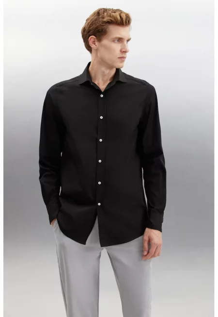 Памучна риза с дълги ръкави - Черен