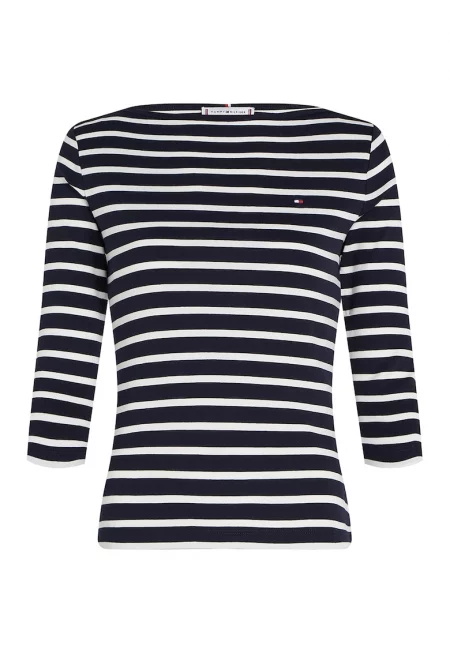 Памучна слим блуза с 3/4 ръкави - Бял/Тъмносин