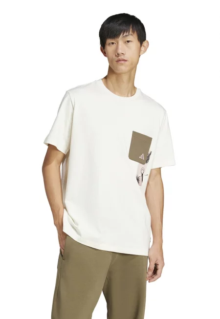 Памучна тениска Lens с джоб - Каки/Мръснобял