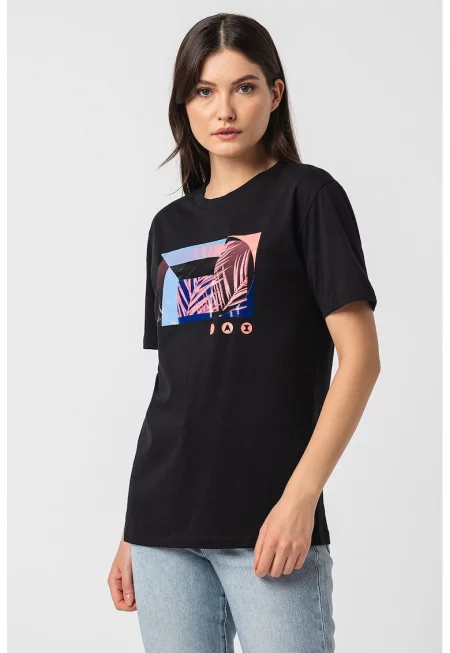 Памучна тениска с овално деколте - Черен