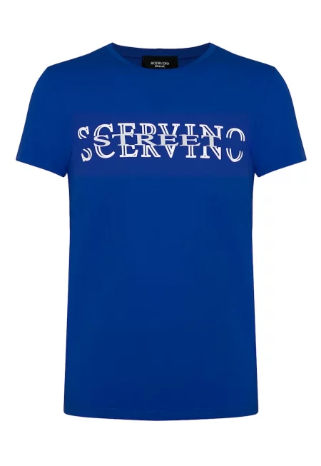 Памучна тениска с овално деколте и щампа - Кралско Синьо