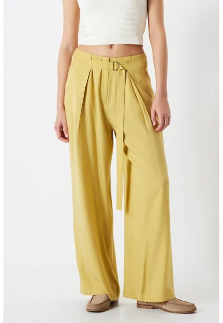 Панталон с широк крачол и колан - Синапено жълто