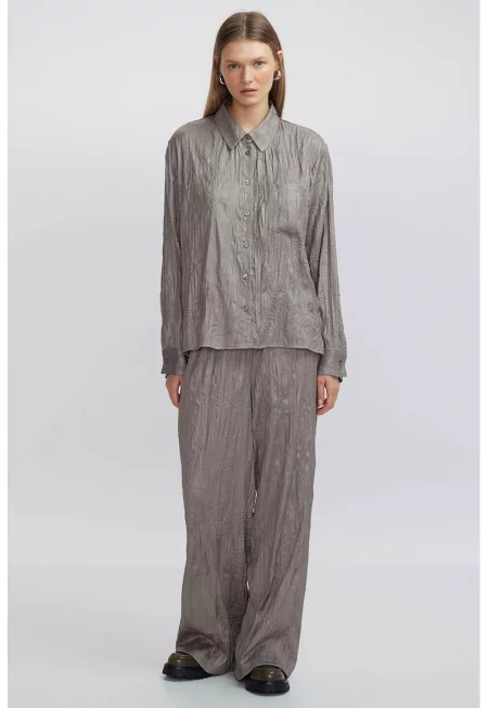 Панталон с висока талия и намачкан ефект - Сиво-бежов