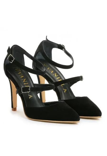 Pantofi Stiletto cu toc subtire Dora - piele naturala intoarsa -negri - Черен