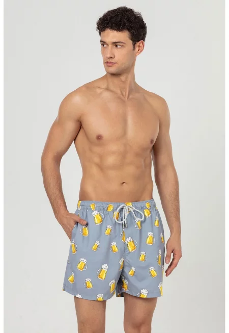 Плувни шорти с принт и джобове - Светло сив/Жълт