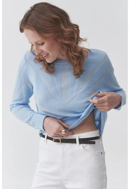 Пуловер с памук и овално деколте - Лавандула