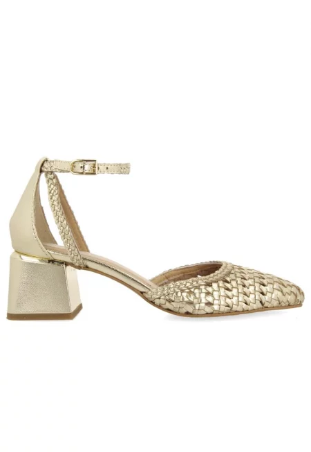 Ръчно плетени кожени обувки с масивен ток - Златист