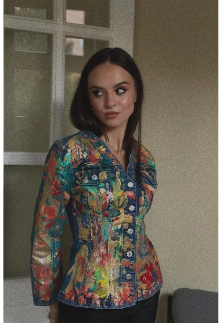 Ръчно рисувано дънково яке с вталена кройка - Червен/Жълт/Петролно синьо