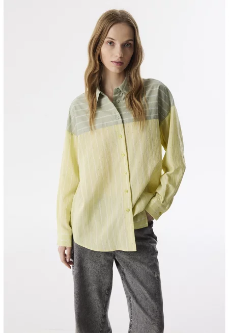 Раирана уголемена риза - Зелен/Сламеножълт
