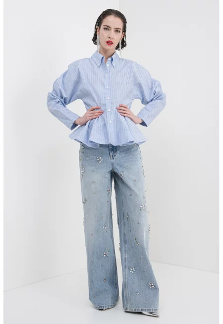 Разкроена раирана риза - Бял/Лавандула/Тъмносин