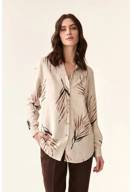 Риза с лен и тропическа шарка - Тъмнокафяв/Бежов