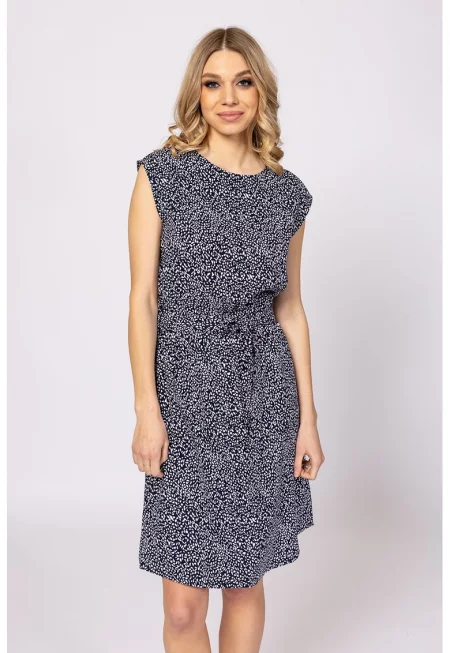 Рокля  къси ръкави - кръгло деколте - талия с колан - тъмносиня - 100% вискоза