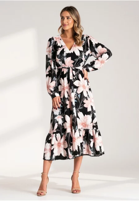 Рокля с флорални мотиви и волани -  черна - 100% полиестер - SM