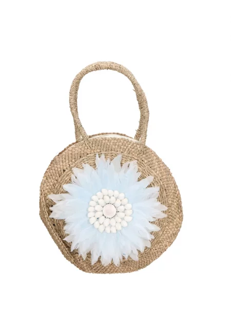 Сламена ръчна чанта с пера - Бежов/Ледено синьо