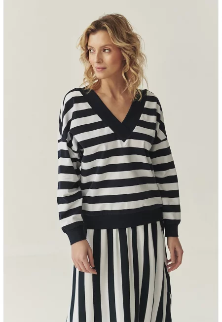 Свободна блуза с шпиц и райе - Мръснобял/Тъмносин