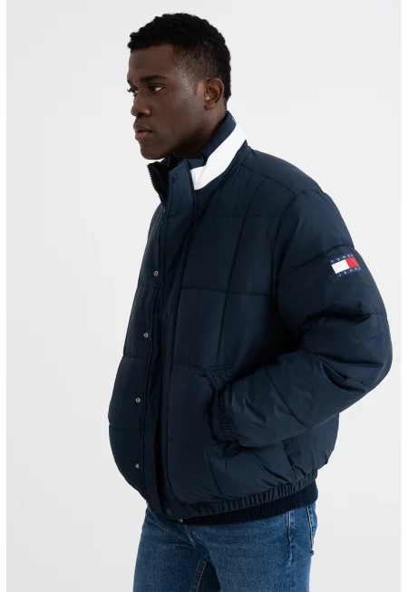 Свободно зимно яке със средновисока яка - Бял/Тъмносин