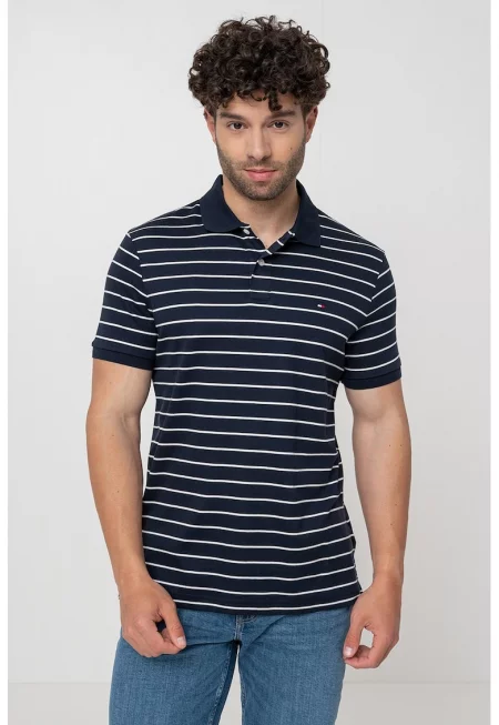 Тениска от памук с яка - Бял/Тъмносин