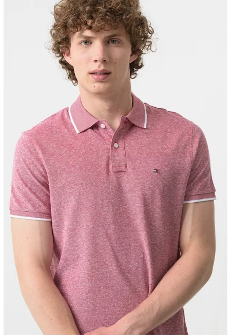 Тениска с лен с яка - Бледочервен