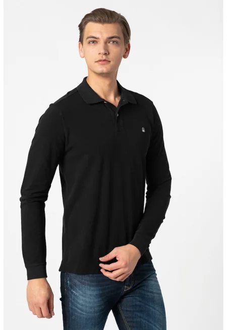 Блуза от памучно пике с яка - Бял/Черен