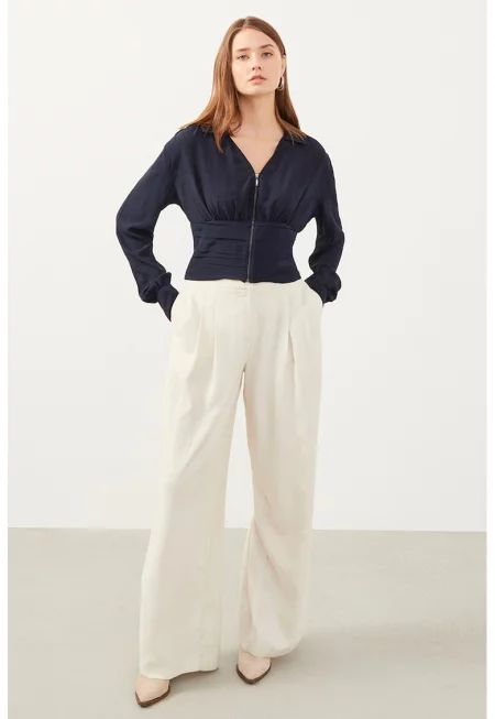 Блуза с шпиц и цип - Тъмносин