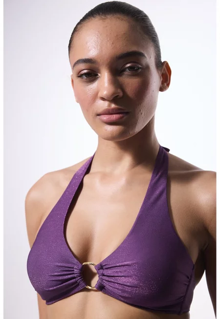 Бляскав горен бански с халтер деколте - Аметист