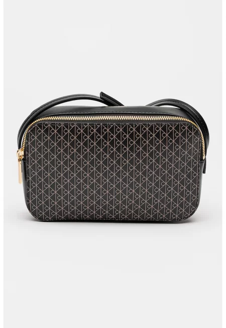 Чанта през рамо от еко кожа с монограм - Черен/Светлокафяв