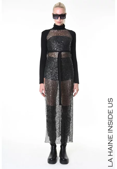 Дълга рокля с пайети - с висока яка и колан на талията - Черен