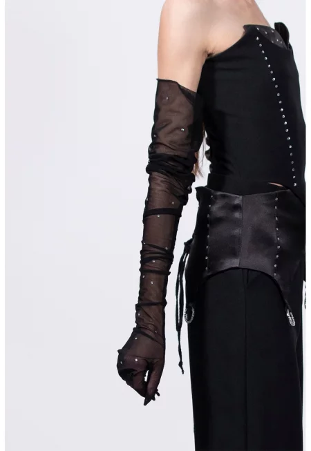 Дълги ръкавици от тюл с декоративни камъни - Черен