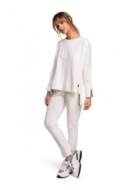 Дамска блуза с цепки отстрани -  Памук/Еластан - Бяло