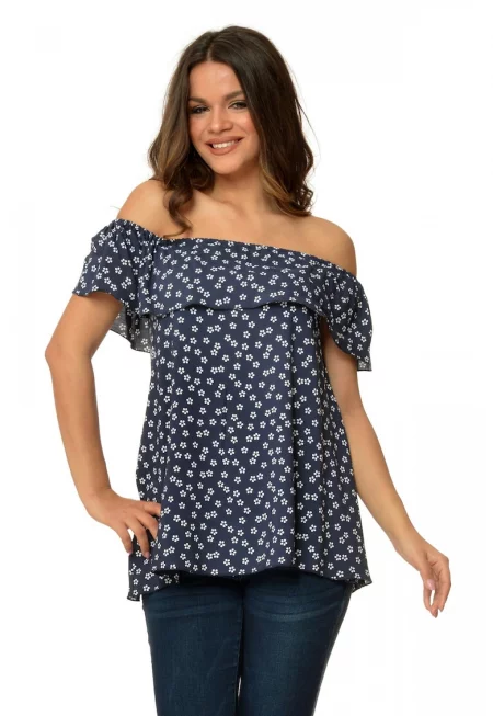 Дамска блуза с волани - бяла/тъмносиня