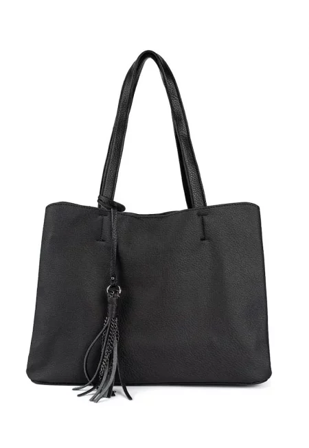 Дамска чанта  Голяма чанта за пазаруване с ресни - черна - от полиестер