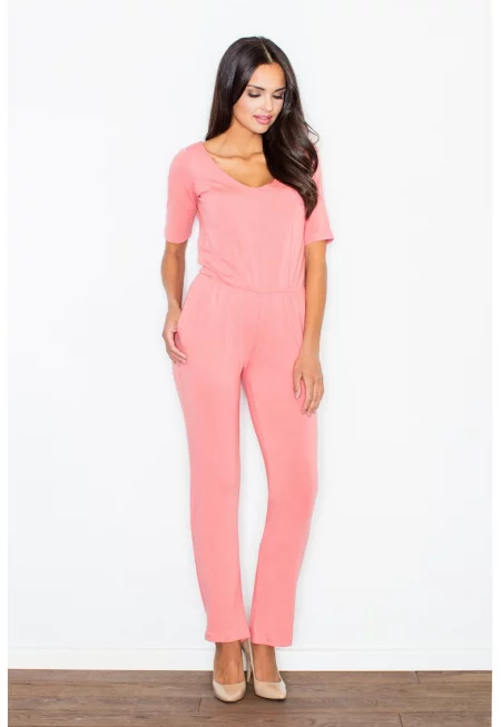 Дамски гащеризон -  коралов цвят - вискоза - къс ръкав - лекота и елегантност