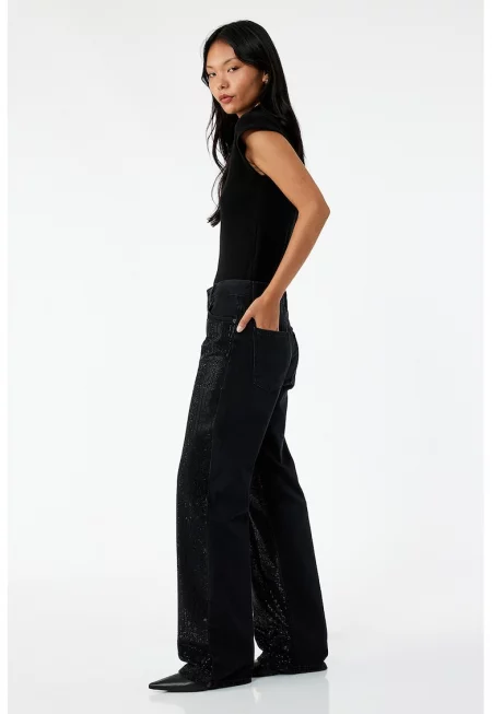 Дънки с висока талия и декоративни камъни - Избеляло черно