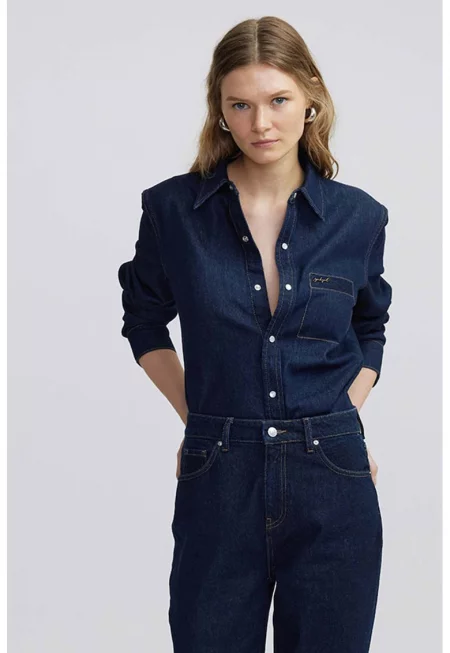 Дънкова риза с дълги ръкави - Тъмносин