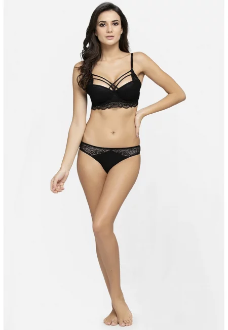 Дантелен сутиен с подплънки и мрежести зони - Черен