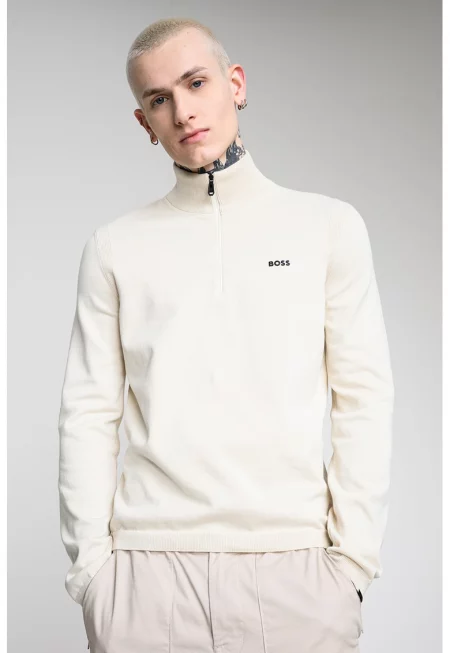 Фино плетен памучен пуловер с къс цип - Крем