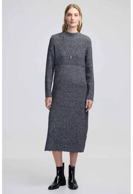 Фино плетена миди рокля - Меланж тъмно сиво