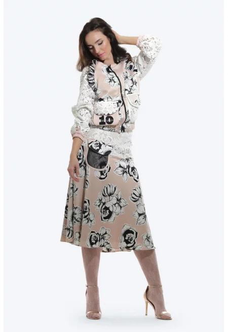 Флорална миди пола - Бял/Черен/Бледо розово