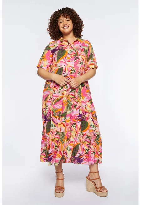 Флорална рокля с цепка с копчета - Многоцветен