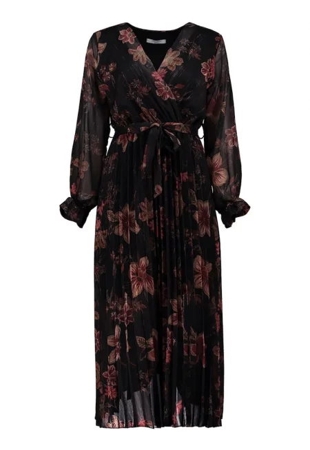 Флорална шпиц рокля - Черен/Прашно розово