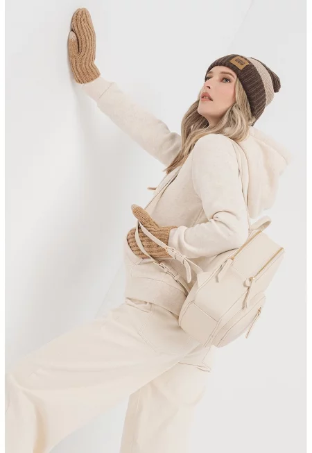 Худи с памук с джобове тип кенгуру - Светлобежов меланж