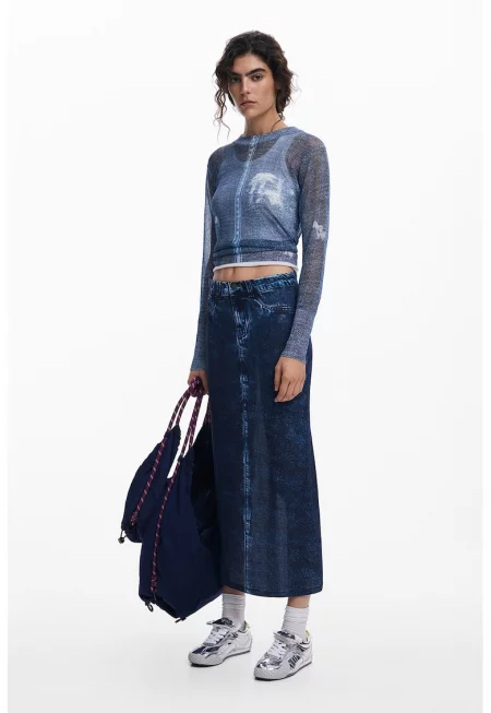 Къса прозрачна блуза със захабен ефект - Прашно синьо/Бял